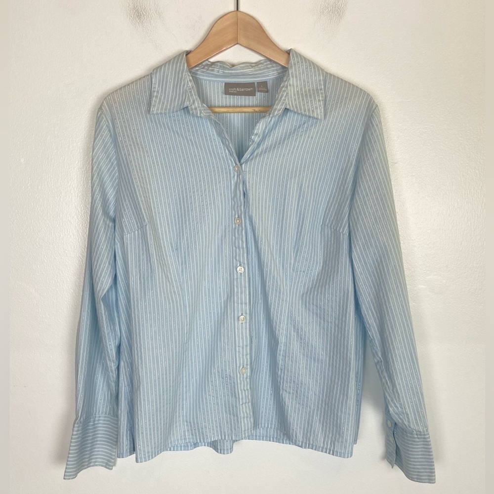 Croft & Barrow Stretch Women's Button Down Shirt L Metallic Stripes Blue‎ Preppy